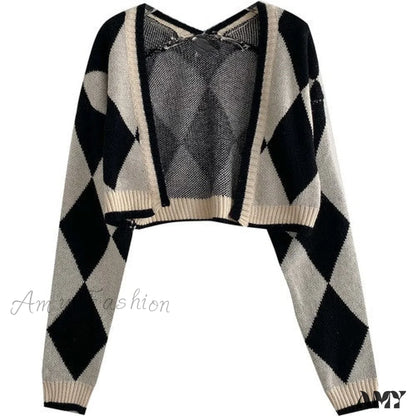Amy Fashion - Black Blue Daily Plaid Knitwear Cardigan