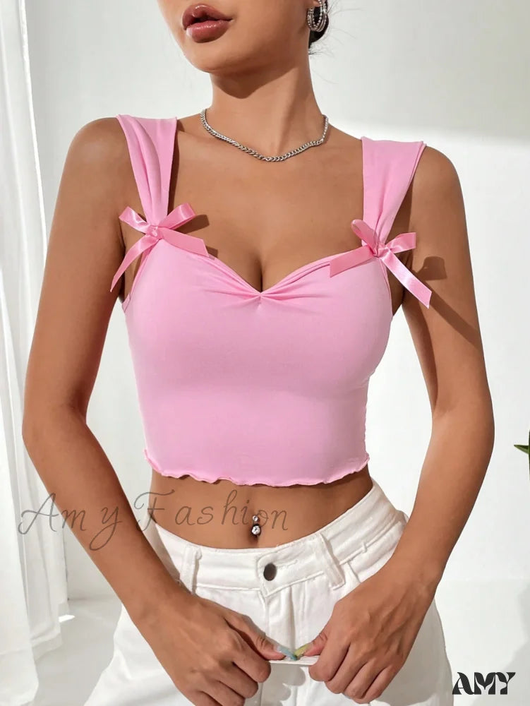 Amy Fashion - Bow Front Lettuce Trim Crop Wide Strap Top