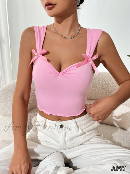 Amy Fashion - Bow Front Lettuce Trim Crop Wide Strap Top