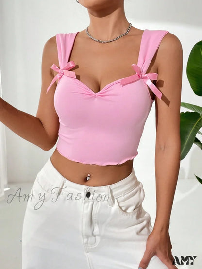 Amy Fashion - Bow Front Lettuce Trim Crop Wide Strap Top