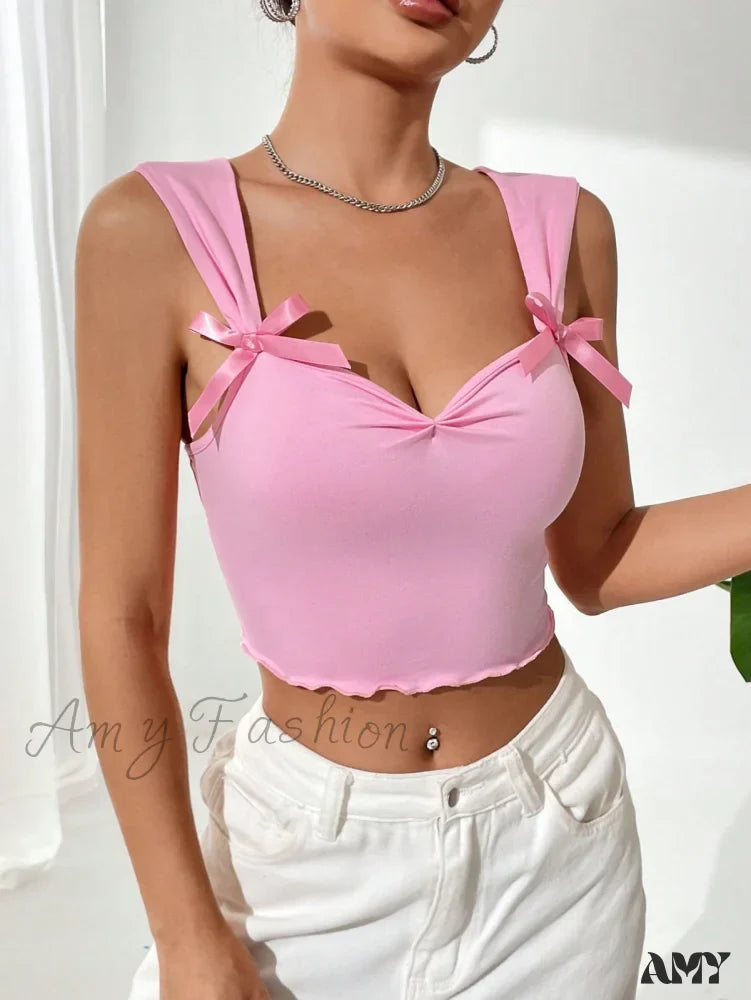 Amy Fashion - Bow Front Lettuce Trim Crop Wide Strap Top