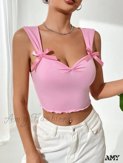 Amy Fashion - Bow Front Lettuce Trim Crop Wide Strap Top