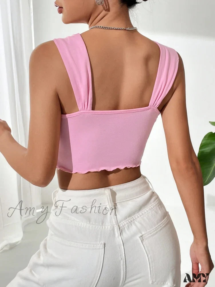 Amy Fashion - Bow Front Lettuce Trim Crop Wide Strap Top