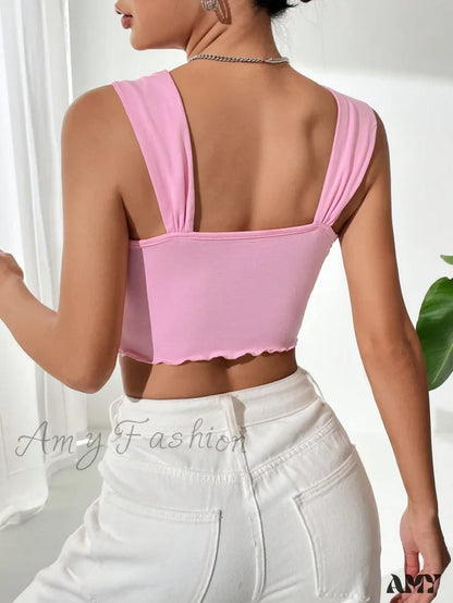 Amy Fashion - Bow Front Lettuce Trim Crop Wide Strap Top