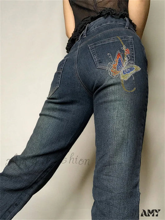 Amy Fashion - Butterfly Print Y2K Denim Jeans