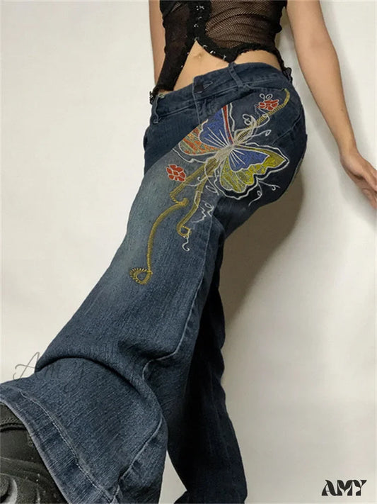 Amy Fashion - Butterfly Print Y2K Denim Jeans