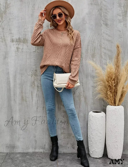 Amy Fashion - Cable Knit Tunic Sweater Crewneck Long Sleeve Sweater
