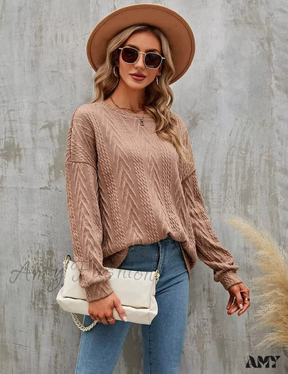Amy Fashion - Cable Knit Tunic Sweater Crewneck Long Sleeve Sweater