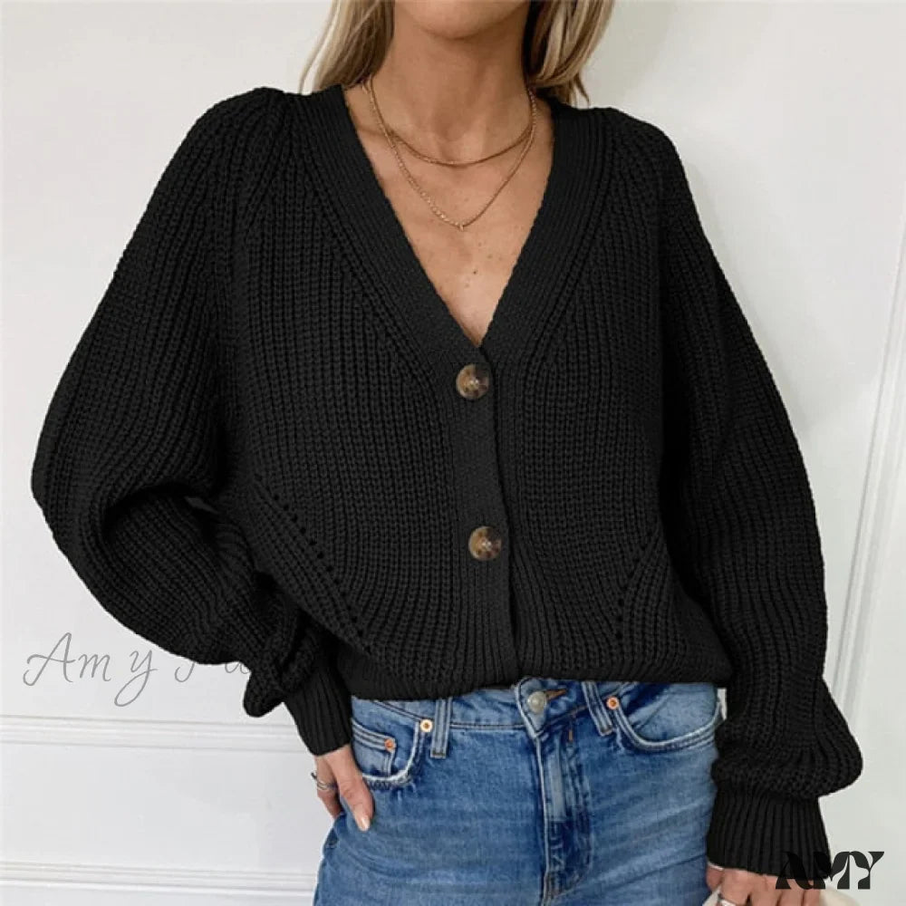 Amy Fashion - Cardigan Ladies V-neck Long Sleeve Sweater