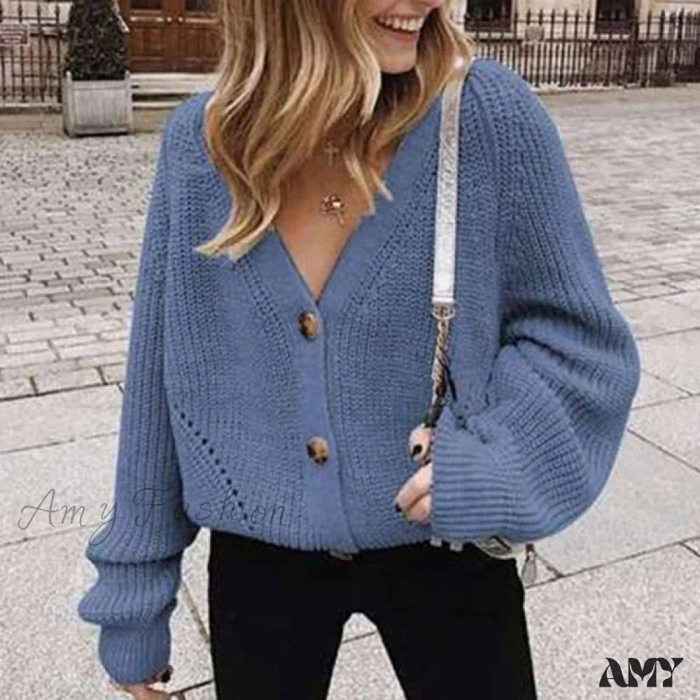 Amy Fashion - Cardigan Ladies V-neck Long Sleeve Sweater
