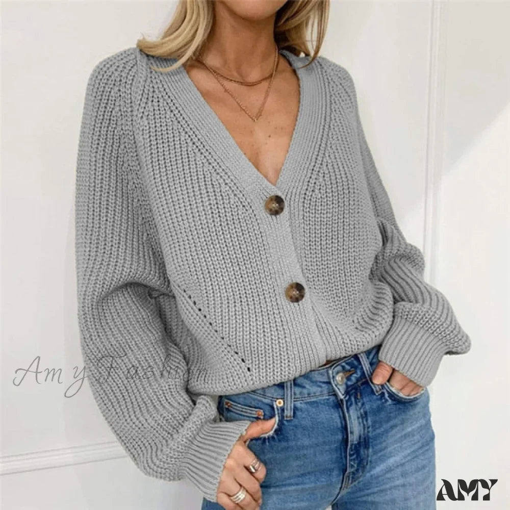 Amy Fashion - Cardigan Ladies V-neck Long Sleeve Sweater