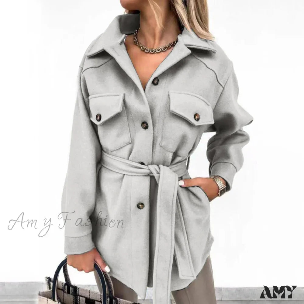 Amy Fashion - Casual Lapel With Belt Mid Long Coat