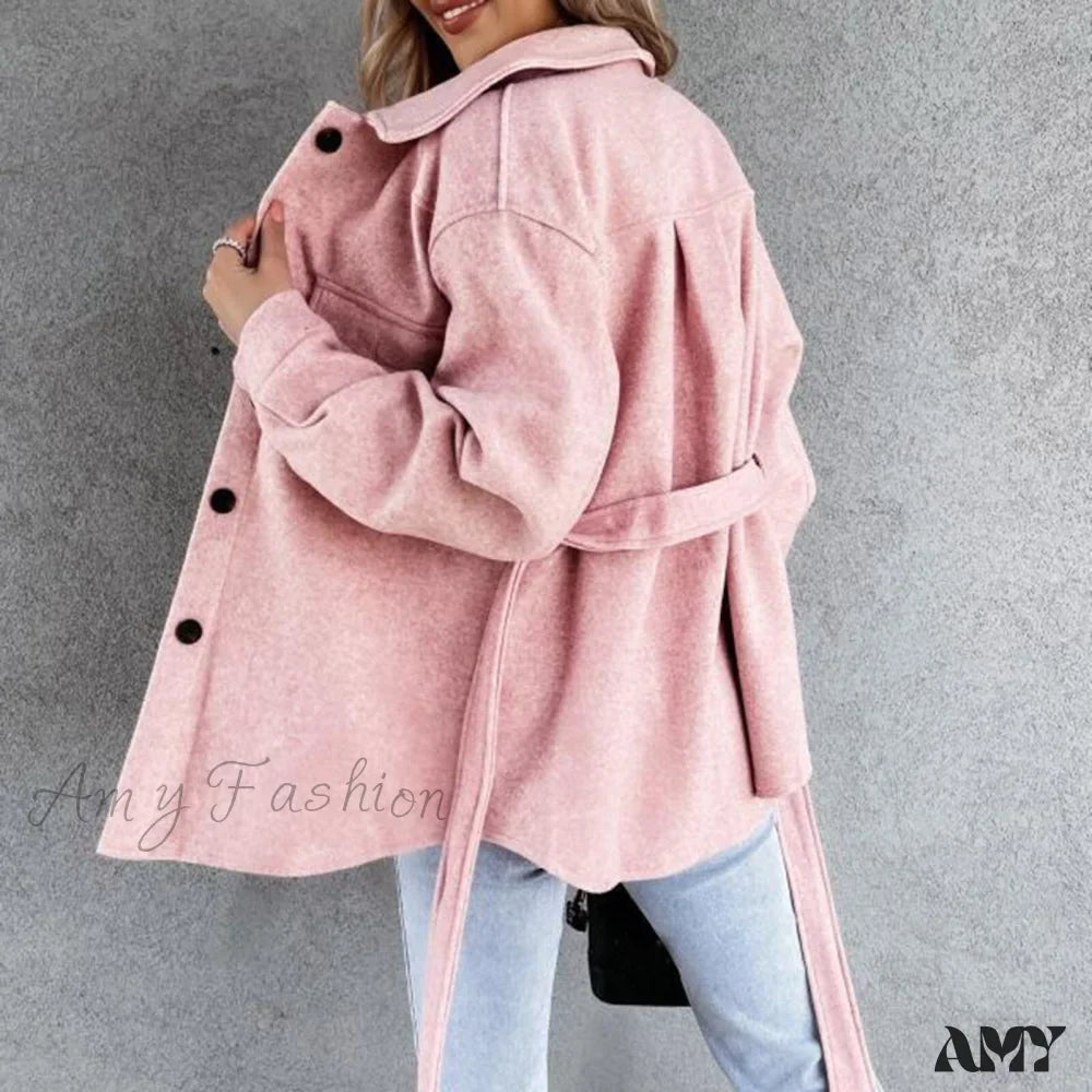 Amy Fashion - Casual Lapel With Belt Mid Long Coat