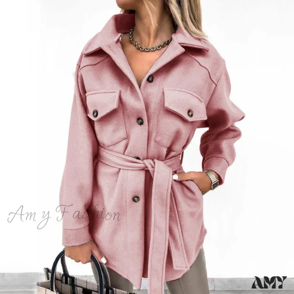 Amy Fashion - Casual Lapel With Belt Mid Long Coat