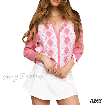 Amy Fashion - Classic Plaid Red Green Knitwear Cardigan