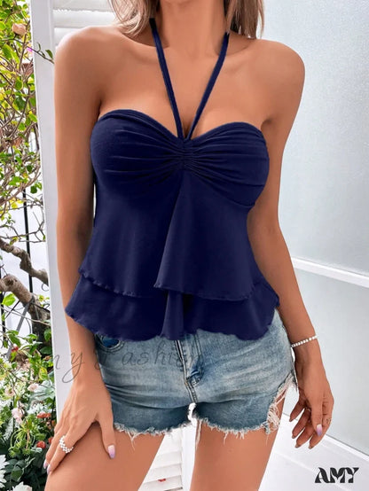 Amy Fashion - Drawstring  Bust Tie Backless Halter Top