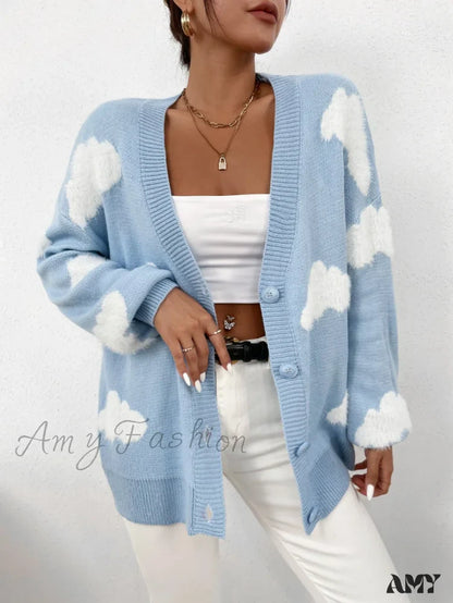Amy Fashion - Drop Shoulder Cloud Pattern Cardigan
