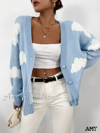 Amy Fashion - Drop Shoulder Cloud Pattern Cardigan