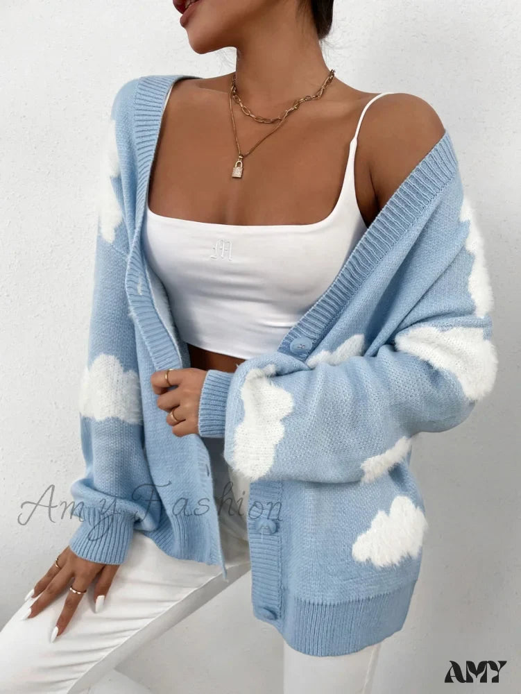 Amy Fashion - Drop Shoulder Cloud Pattern Cardigan