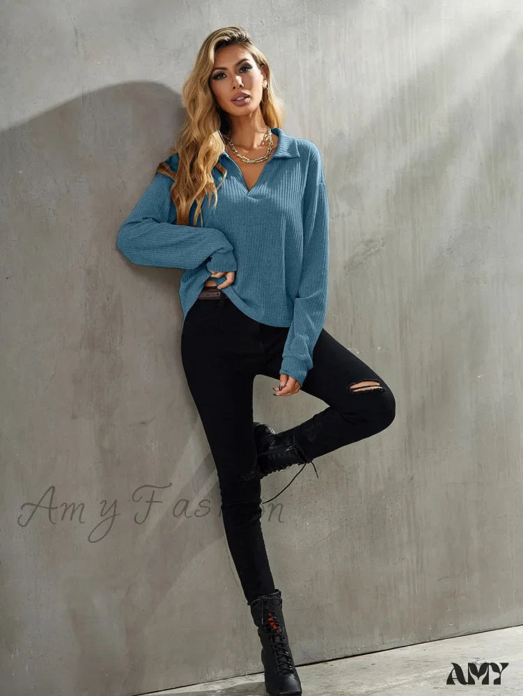 Amy Fashion - Drop Shoulder Rib-knit Tee