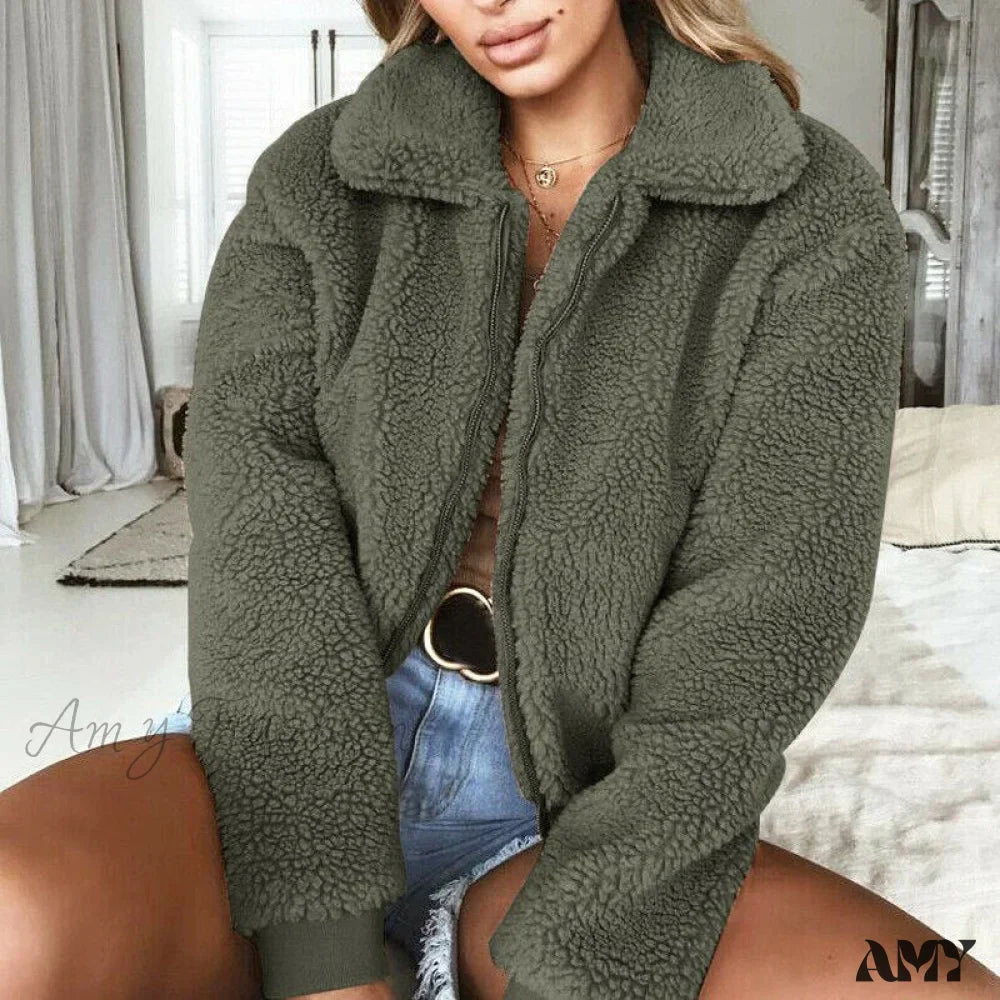 Amy Fashion - Faux FurWarm Soft Plush Zipper Coat