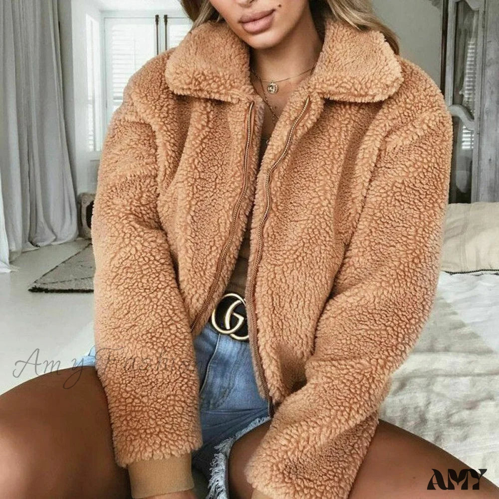 Amy Fashion - Faux FurWarm Soft Plush Zipper Coat