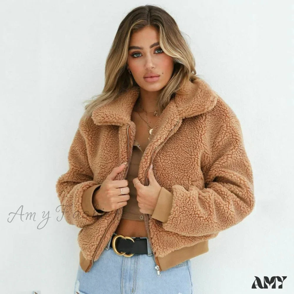 Amy Fashion - Faux FurWarm Soft Plush Zipper Coat