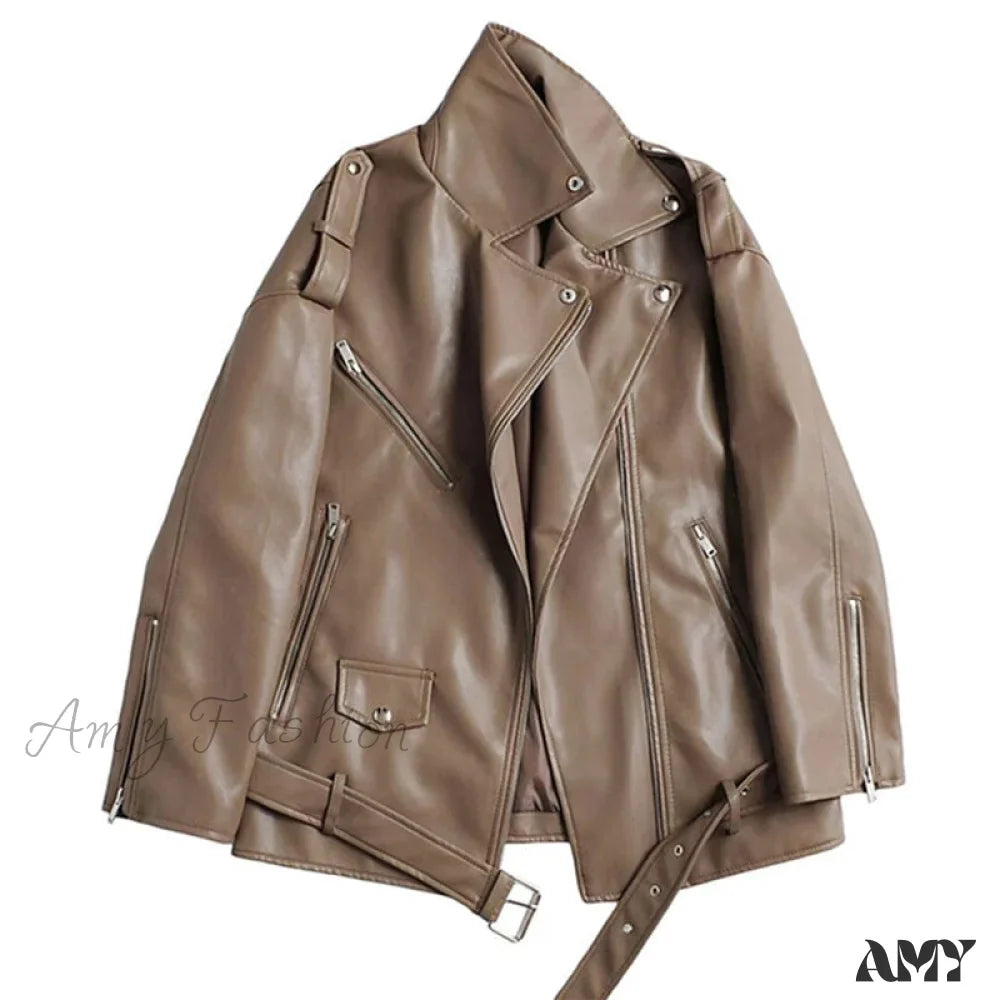Amy Fashion - Faux Leather Cool Loose Coat