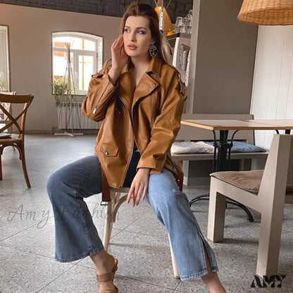 Amy Fashion - Faux Leather Cool Loose Coat