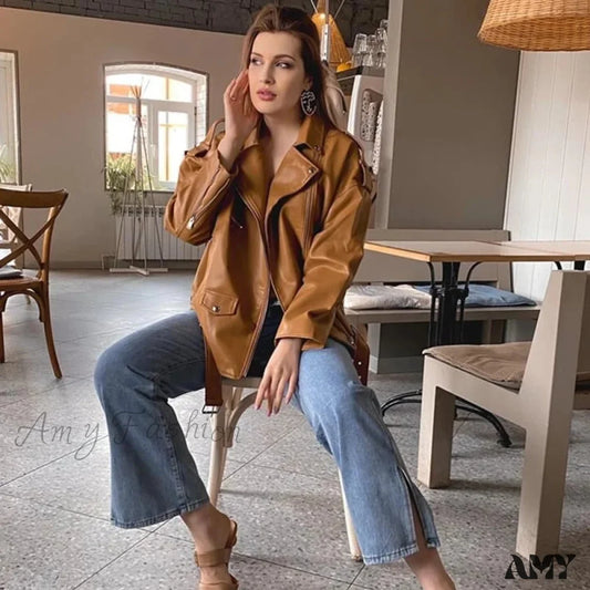 Amy Fashion - Faux Leather Cool Loose Coat