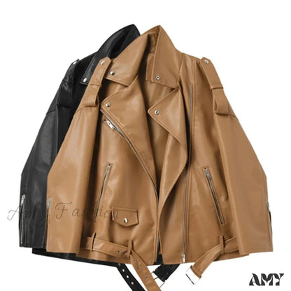 Amy Fashion - Faux Leather Cool Loose Coat