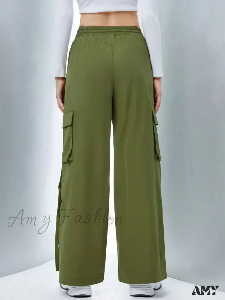 Amy Fashion - Flap Pocket Side Drawstring Waist Button Hem Cargo Pants