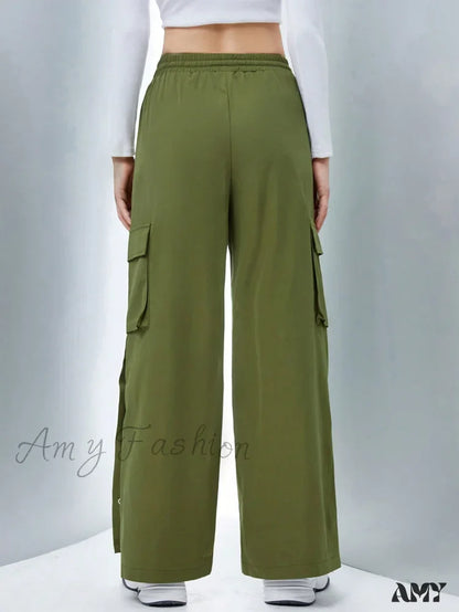 Amy Fashion - Flap Pocket Side Drawstring Waist Button Hem Cargo Pants