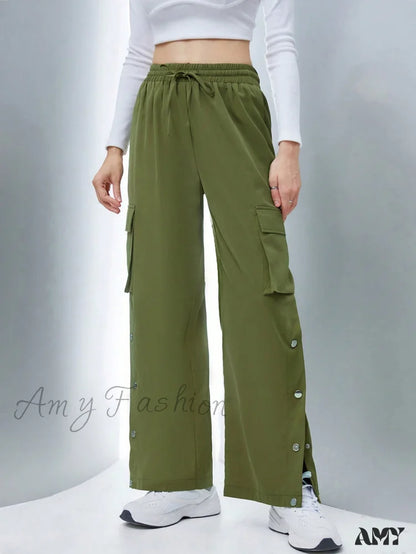 Amy Fashion - Flap Pocket Side Drawstring Waist Button Hem Cargo Pants