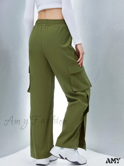 Amy Fashion - Flap Pocket Side Drawstring Waist Button Hem Cargo Pants