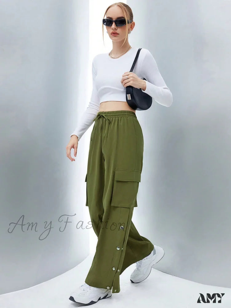 Amy Fashion - Flap Pocket Side Drawstring Waist Button Hem Cargo Pants