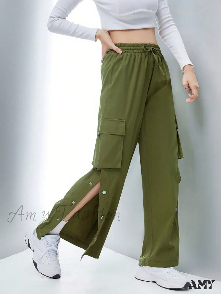 Amy Fashion - Flap Pocket Side Drawstring Waist Button Hem Cargo Pants