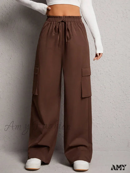 Amy Fashion - Flap Pocket Side Drawstring Waist Cargo Pants