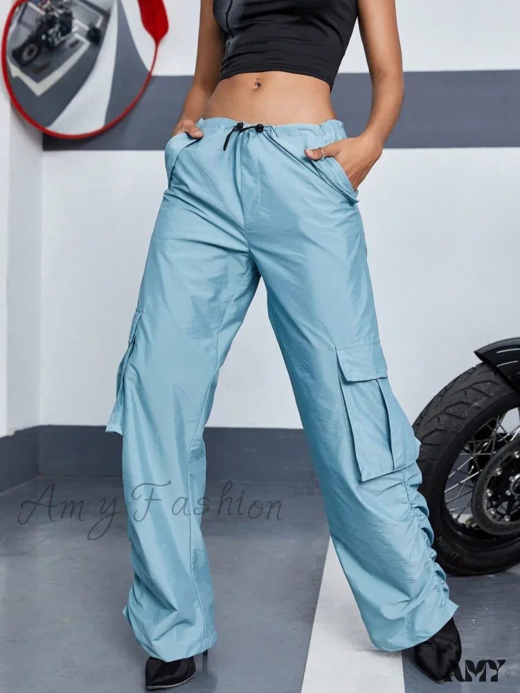Amy Fashion - Flap Pocket Side Drawstring Waist Cargo Pants