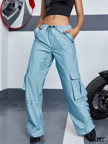 Amy Fashion - Flap Pocket Side Drawstring Waist Cargo Pants