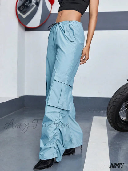 Amy Fashion - Flap Pocket Side Drawstring Waist Cargo Pants