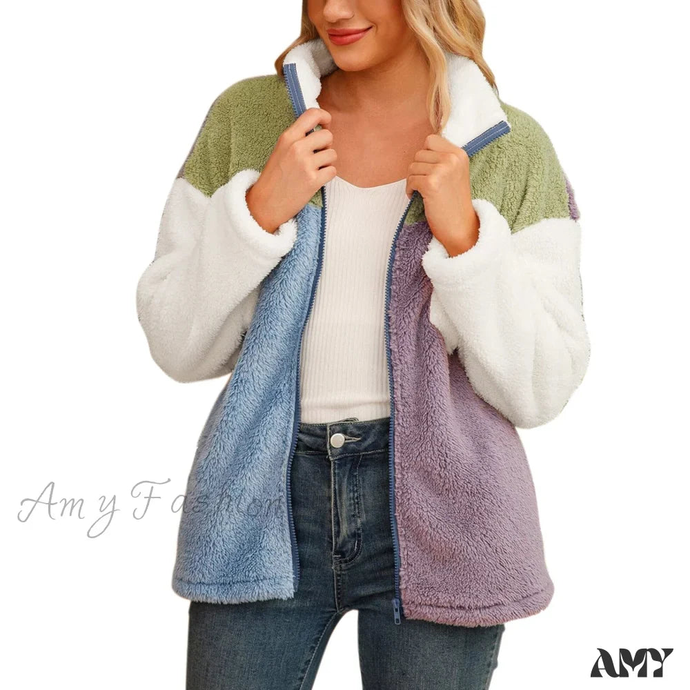 Amy Fashion - Fleece Fuzzy Faux Shearling Zipper Coat
