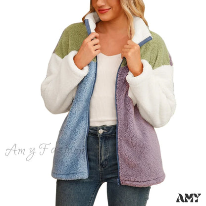 Amy Fashion - Fleece Fuzzy Faux Shearling Zipper Coat
