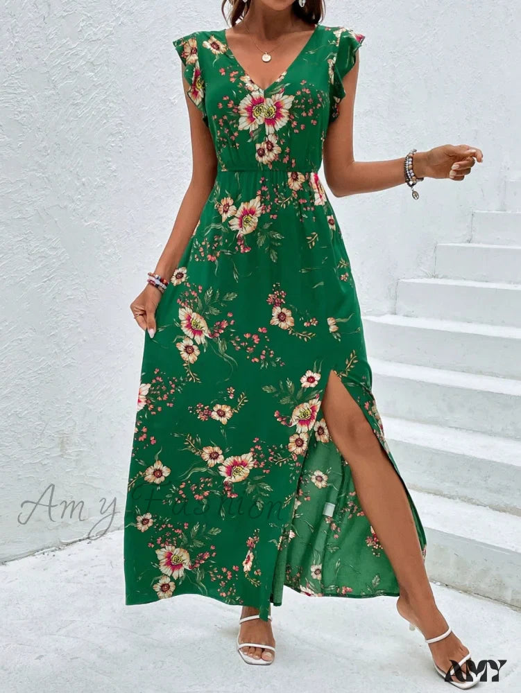 Amy Fashion - Floral Print Ruffle Trim Slit Thigh Dress Without Belt