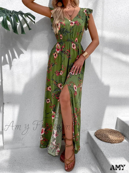 Amy Fashion - Floral Print Ruffle Trim Slit Thigh Dress Without Belt
