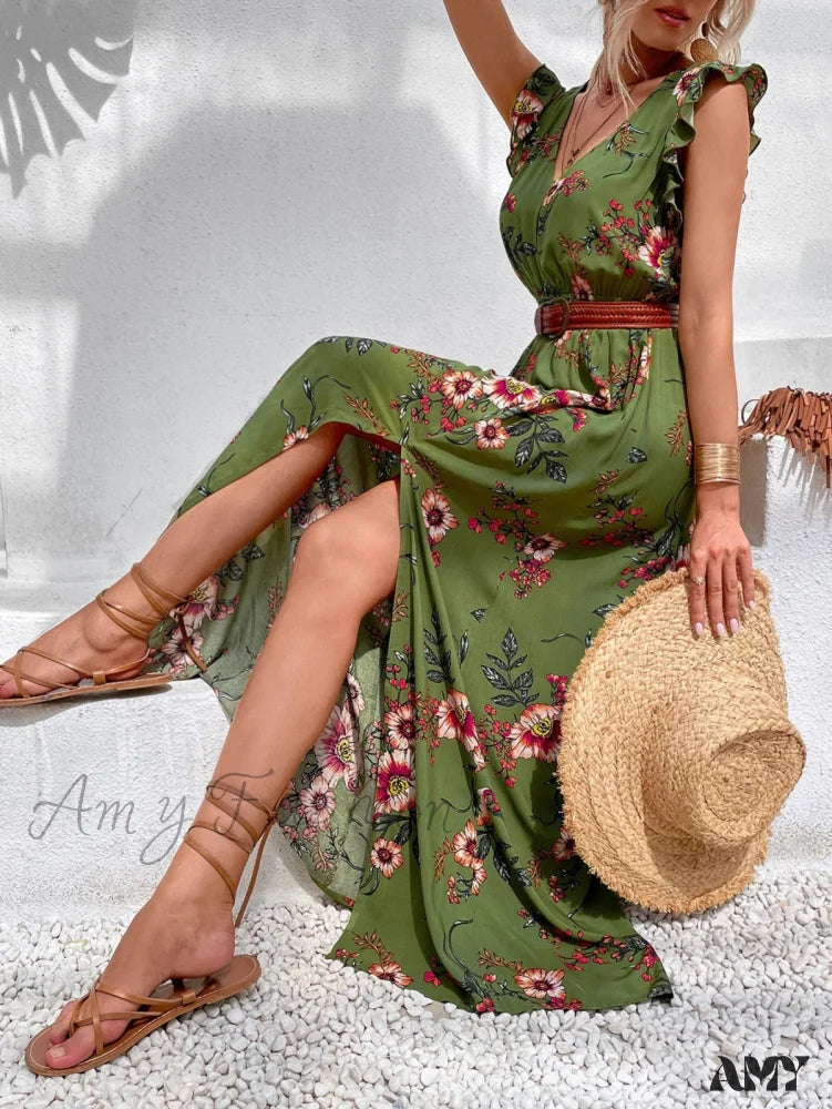 Amy Fashion - Floral Print Ruffle Trim Slit Thigh Dress Without Belt