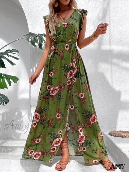 Amy Fashion - Floral Print Ruffle Trim Slit Thigh Dress Without Belt