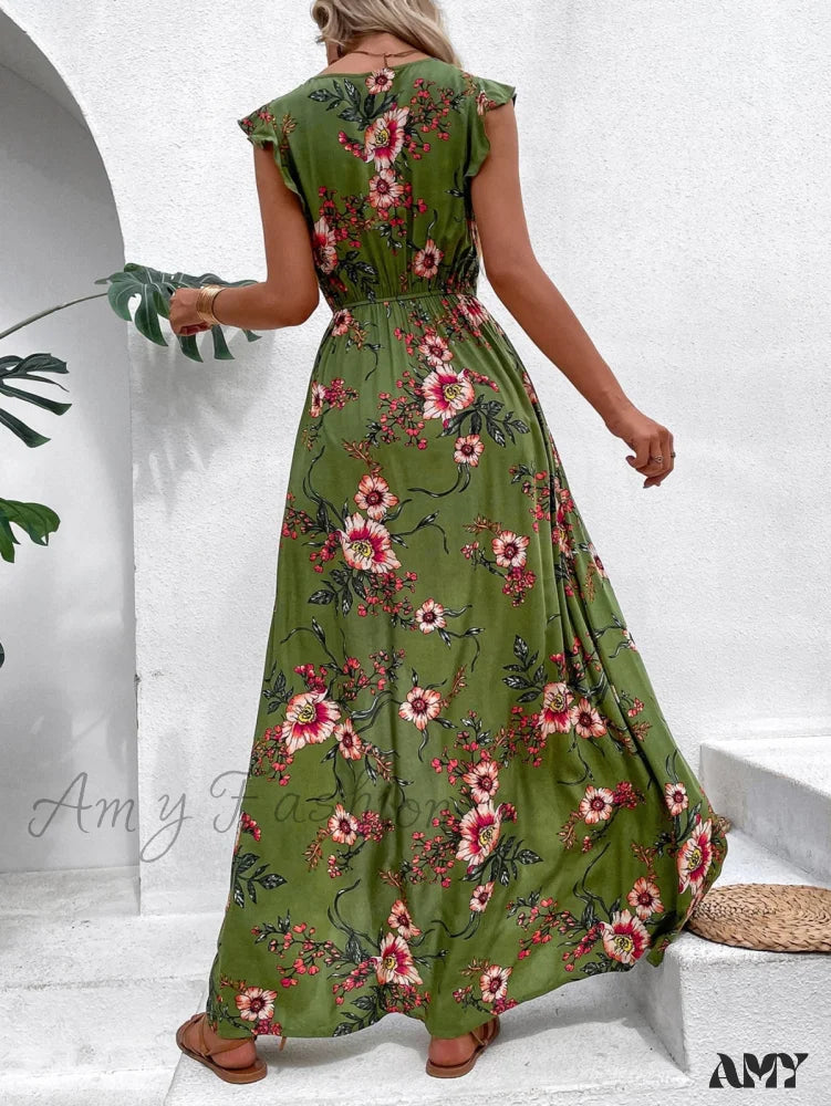 Amy Fashion - Floral Print Ruffle Trim Slit Thigh Dress Without Belt