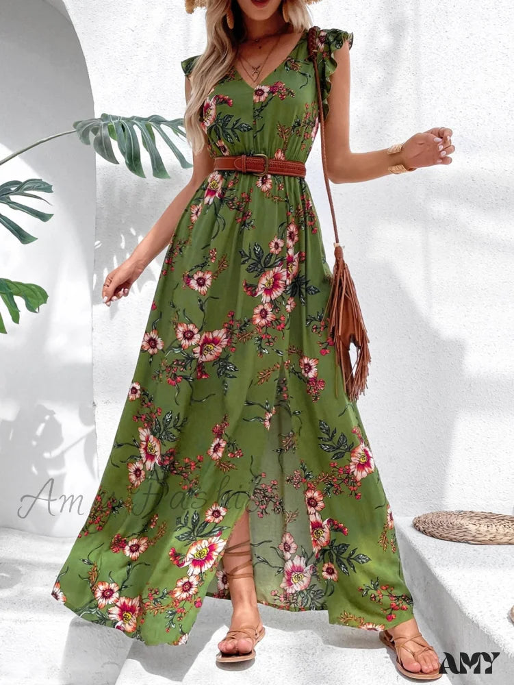 Amy Fashion - Floral Print Ruffle Trim Slit Thigh Dress Without Belt