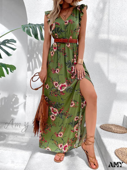 Amy Fashion - Floral Print Ruffle Trim Slit Thigh Dress Without Belt